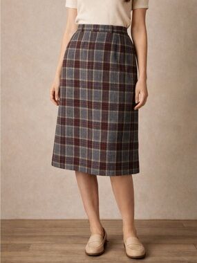 Plaid Wool-Blend Midi Skirt made in USA
